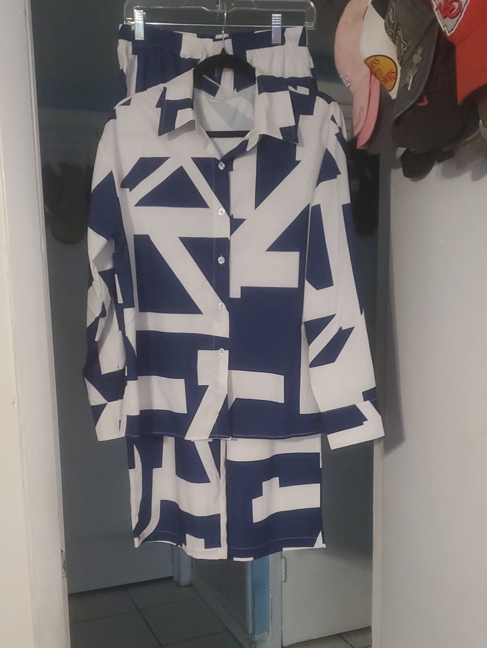 Navy & White Geometric Button-Down Pants Suit  Women. New
